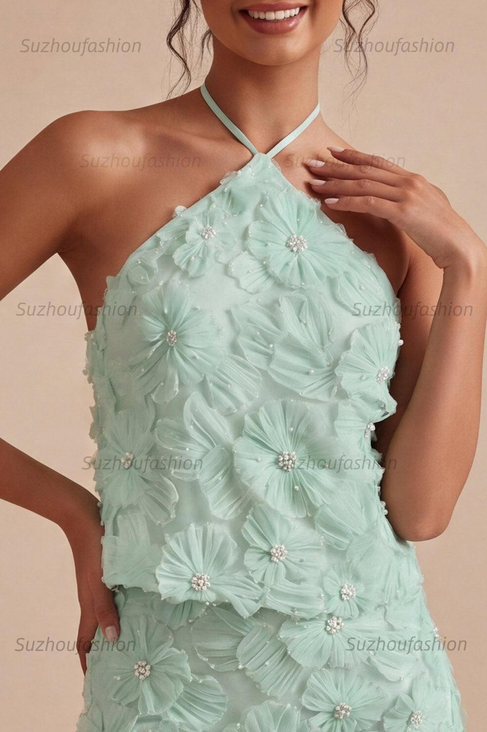 Suzhoufashion Mint Green Floral Halter 2-Piece Tight Short Homecoming Dress
