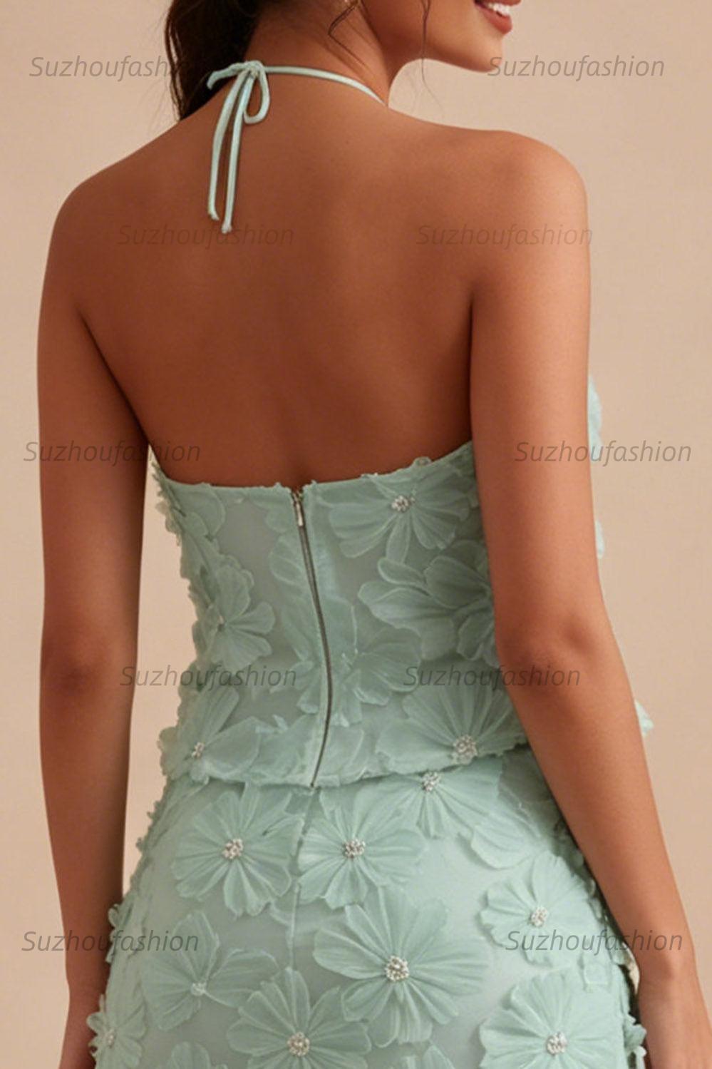 Suzhoufashion Mint Green Floral Halter 2-Piece Tight Short Homecoming Dress