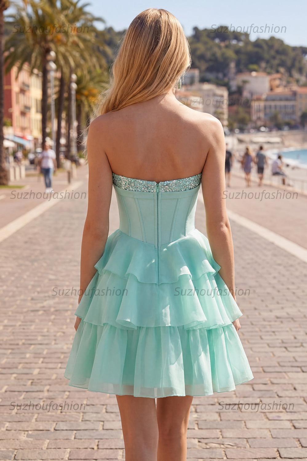 Suzhoufashion Mint Green Strapless Beaded A-Line Corset Short Homecoming Dress with Ruffles