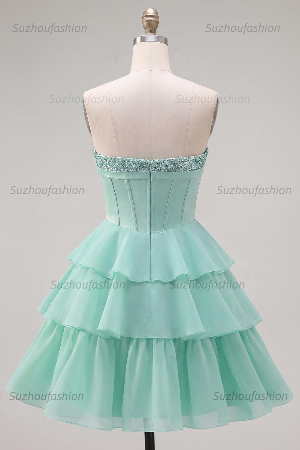Suzhoufashion Mint Green Strapless Beaded A-Line Corset Short Homecoming Dress with Ruffles