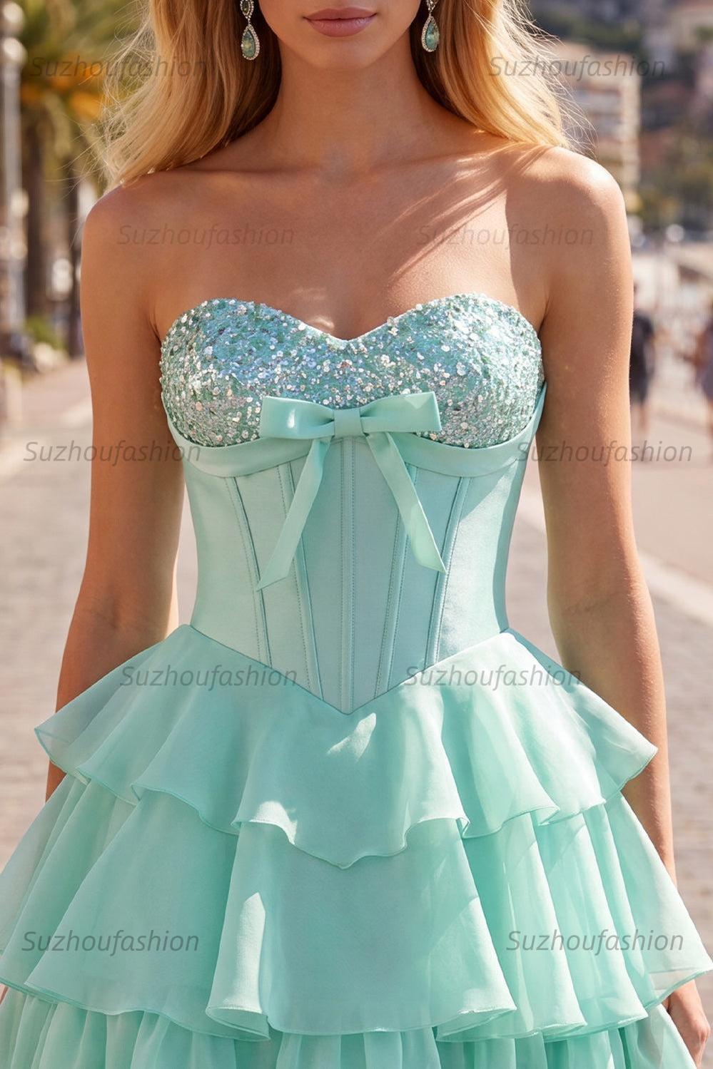 Suzhoufashion Mint Green Strapless Beaded A-Line Corset Short Homecoming Dress with Ruffles