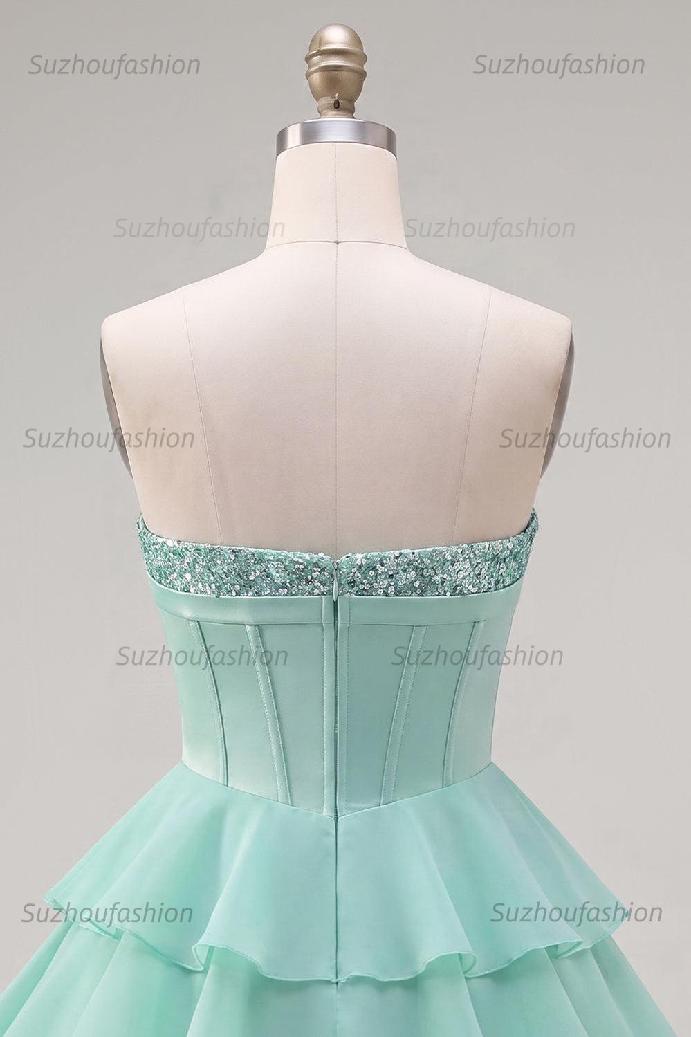 Suzhoufashion Mint Green Strapless Beaded A-Line Corset Short Homecoming Dress with Ruffles