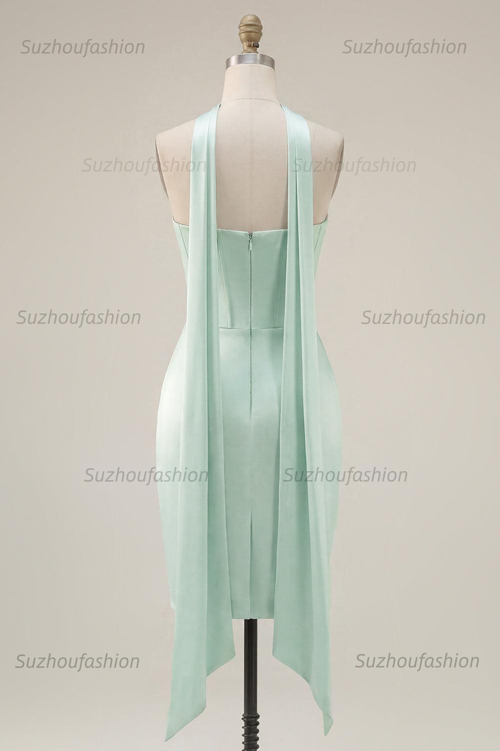 Suzhoufashion Mint Green Strapless Ruched Corset Tight Short Homecoming Dress with Slit
