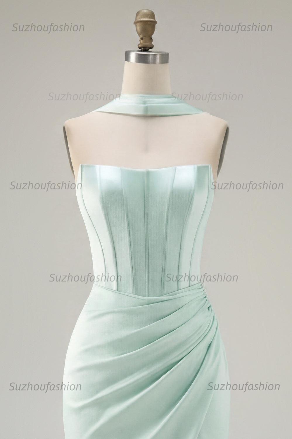 Suzhoufashion Mint Green Strapless Ruched Corset Tight Short Homecoming Dress with Slit