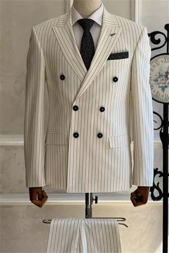 Suzhoufashion Modern White Striped Peaked Lapel Double Breasted Wedding Groom Suits