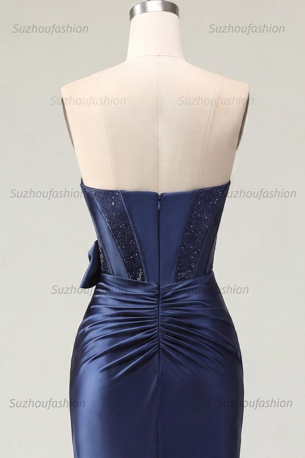 Suzhoufashion Navy Basque Waist Beaded Corset Tight Short Homecoming Dress with Bow