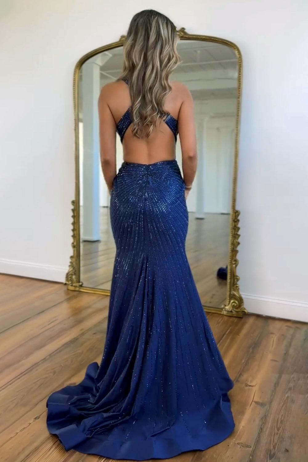 Suzhoufashion Navy Blue Mermaid Deep V Cross Back Gown With Beading And Slit Prom Dress Formal Evening Gown