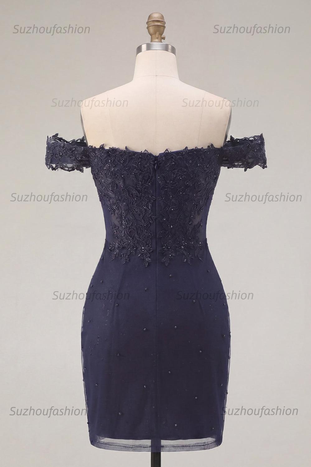 Suzhoufashion Navy Off-the-Shoulder Beaded Ruched Tight Short Homecoming Dress