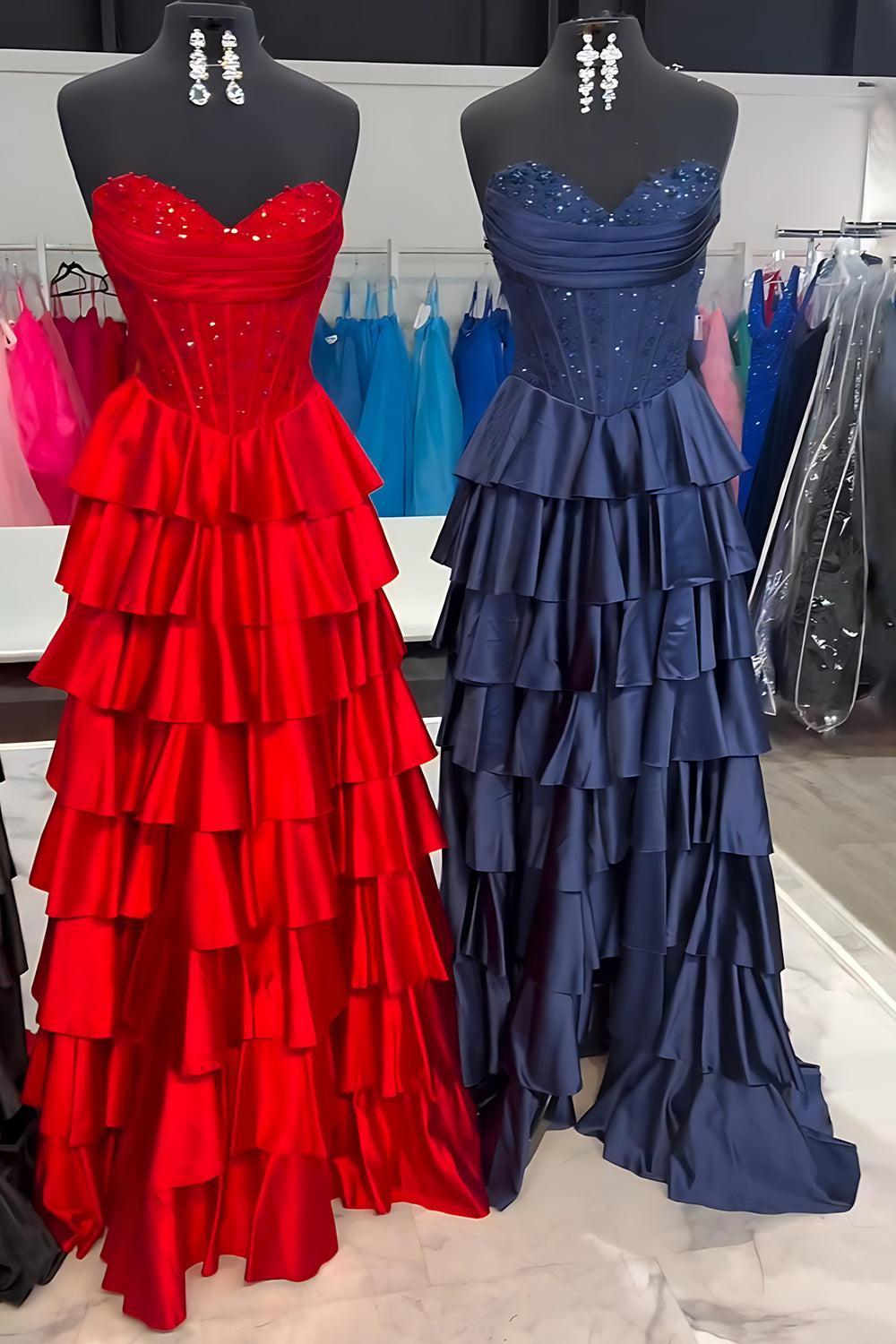 Suzhoufashion Navy Satin Corset Prom Dress Sweetheart A Line Long Formal Dress With Ruffles