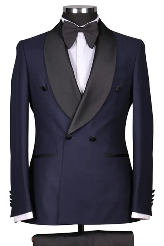 Suzhoufashion Navy Shawl Lapel Double Breasted Wedding Men Suits