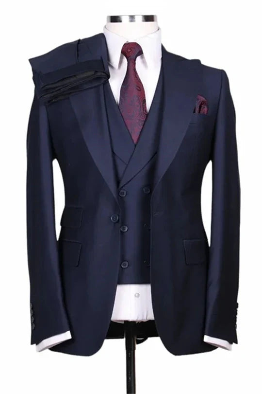 Suzhoufashion Navy Three Pieces Peaked Lapel Bespoke Men Suits
