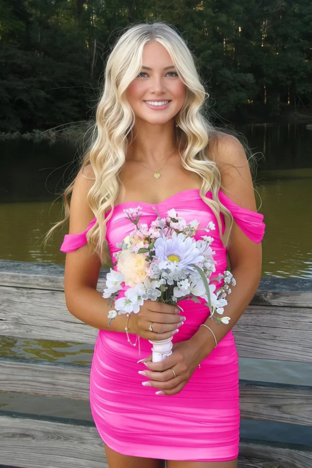 Suzhoufashion Off the Shoulder Homecoming Dress Bodycon Pink Short Cocktail Dress