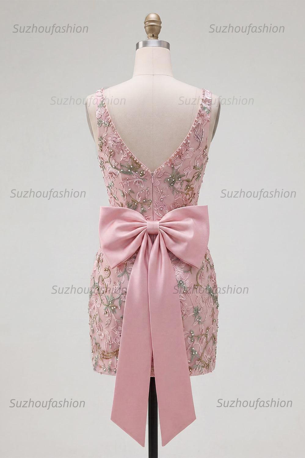 Suzhoufashion Pink Beaded Floral Short Homecoming Dress | V-Neck Bodycon with Bow