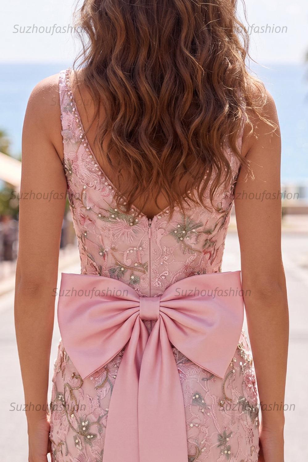 Suzhoufashion Pink Beaded Floral Short Homecoming Dress | V-Neck Bodycon with Bow