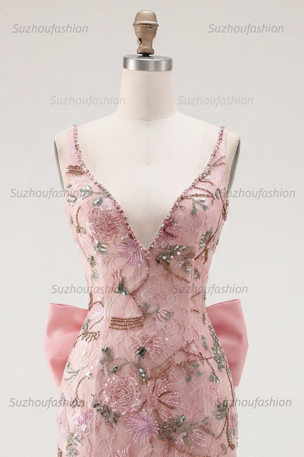 Suzhoufashion Pink Beaded Floral Short Homecoming Dress | V-Neck Bodycon with Bow