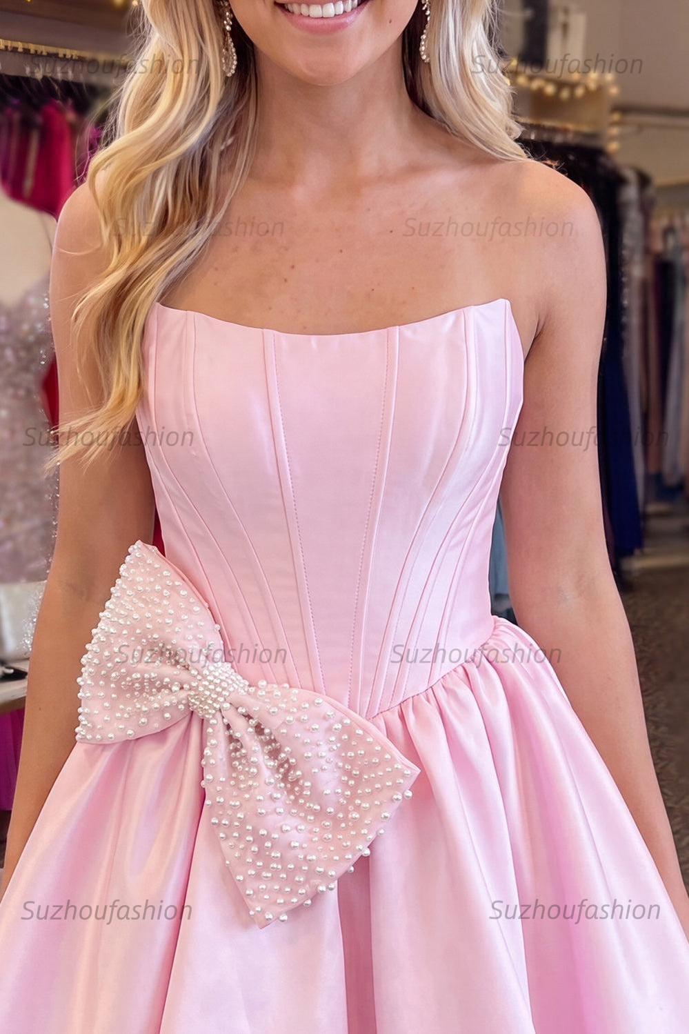 Suzhoufashion Pink Beaded Strapless A Line Short Corset Homecoming Dress with Bow