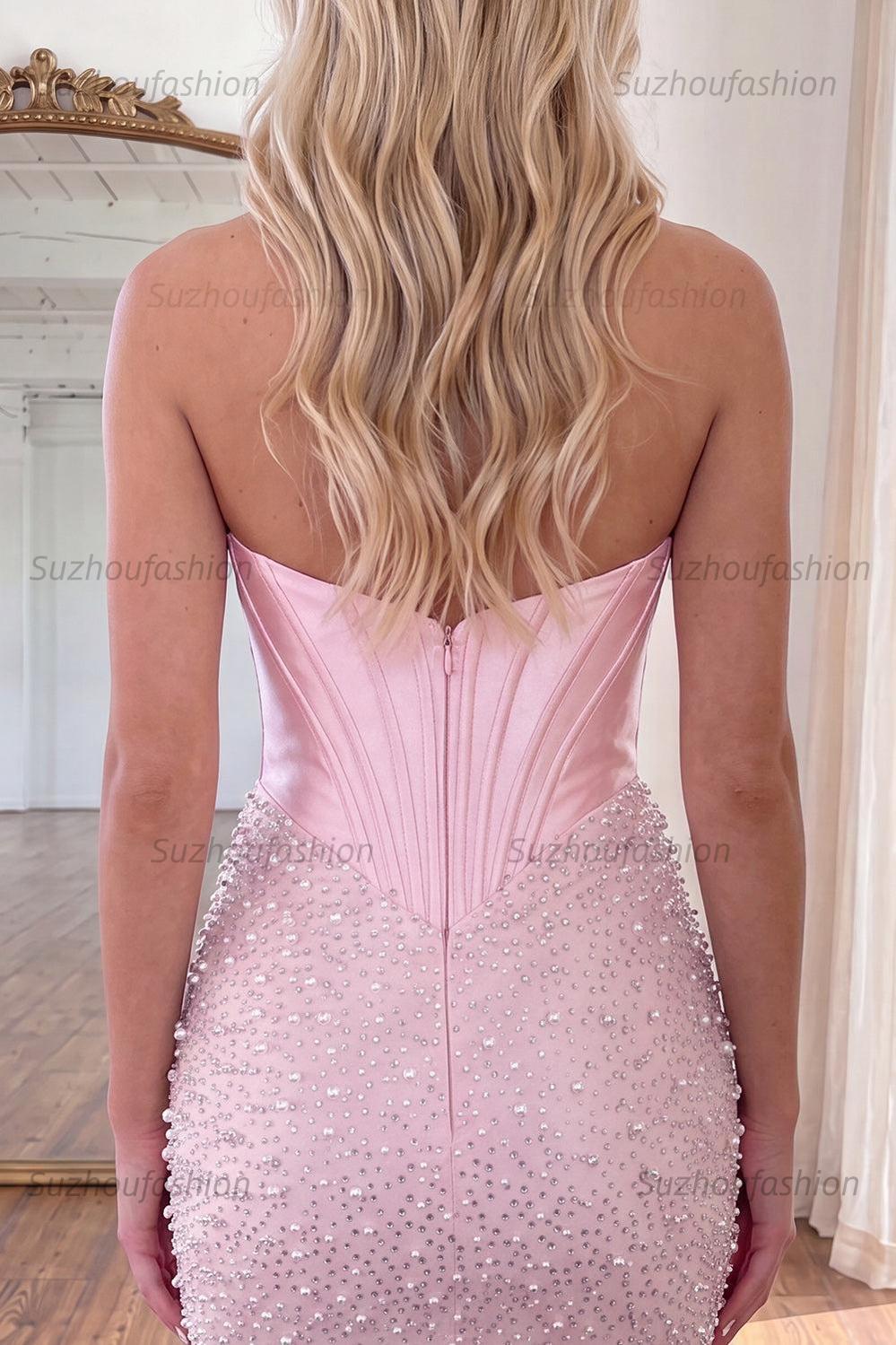 Suzhoufashion Pink Beaded Tight Short Corset Homecoming Dress with Pearls