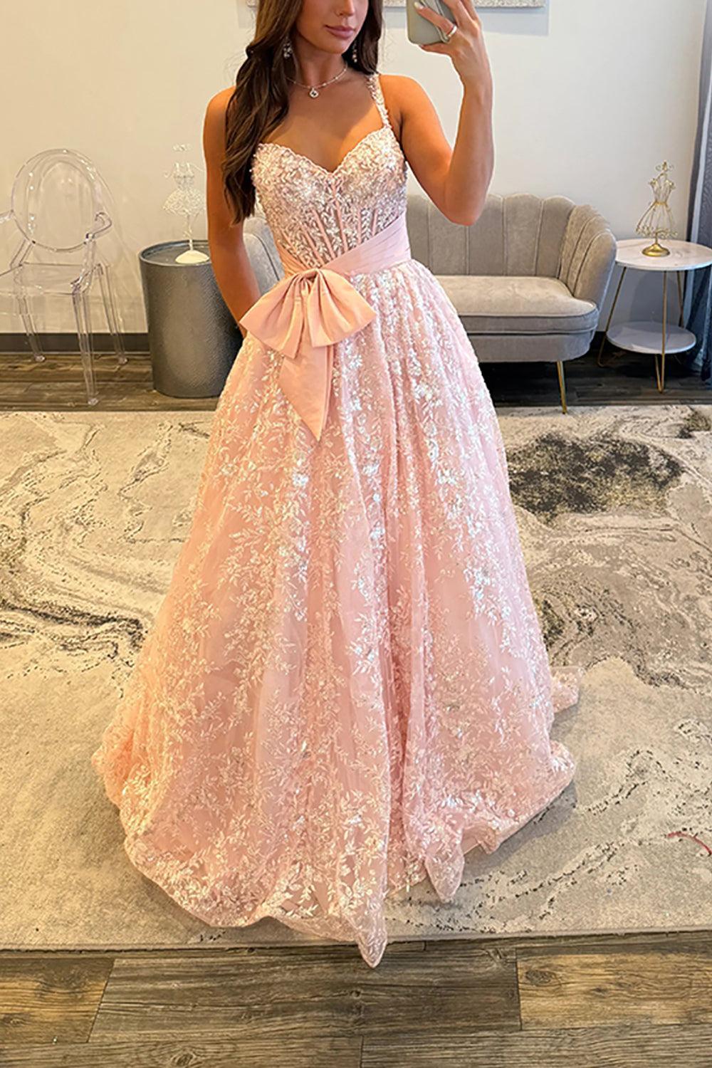 Suzhoufashion Pink Corset Prom Dress A Line Lace Long Formal Dress With Bow