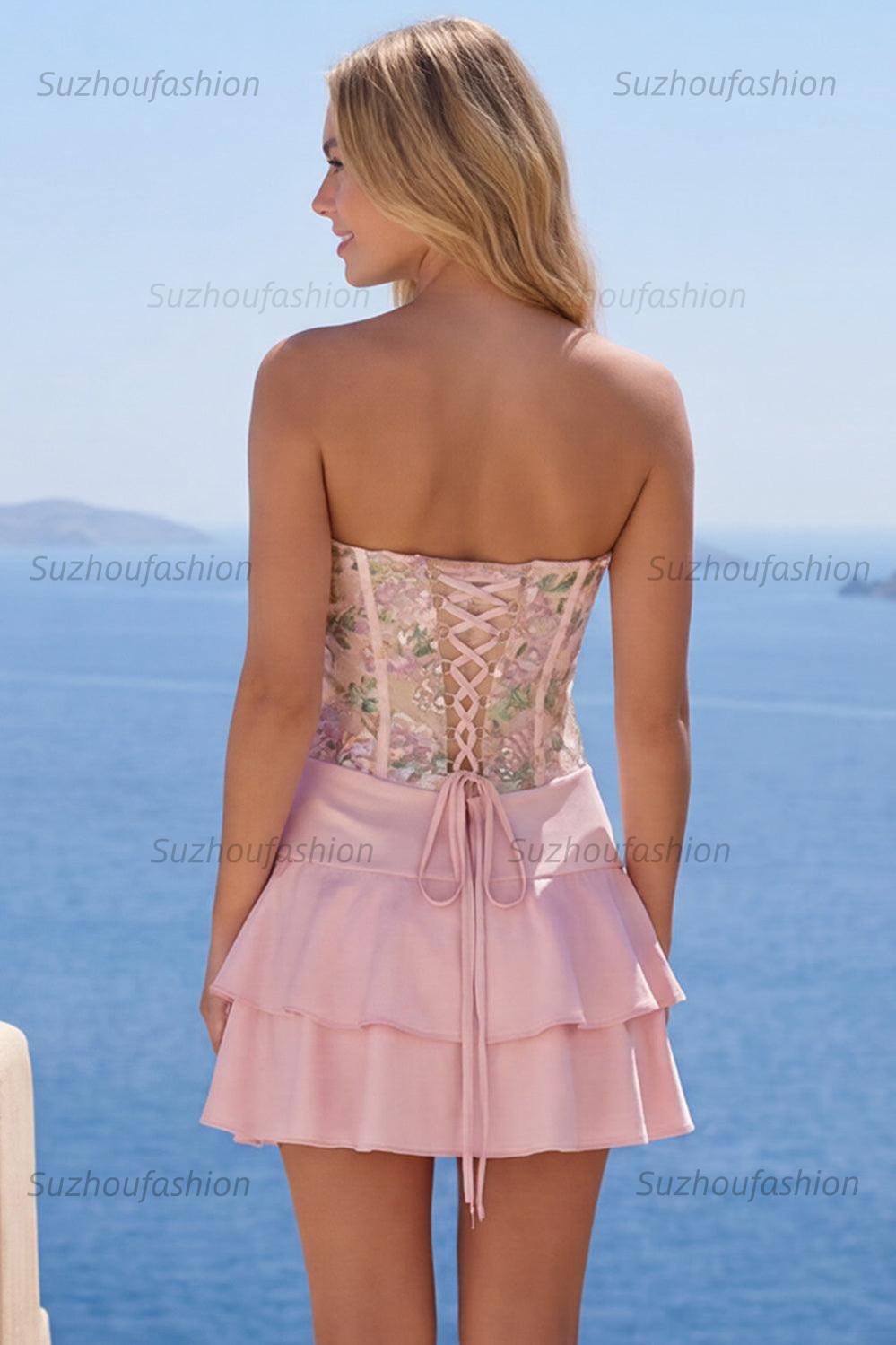 Suzhoufashion Pink Floral A-Line Short Homecoming Dress with Ruffles