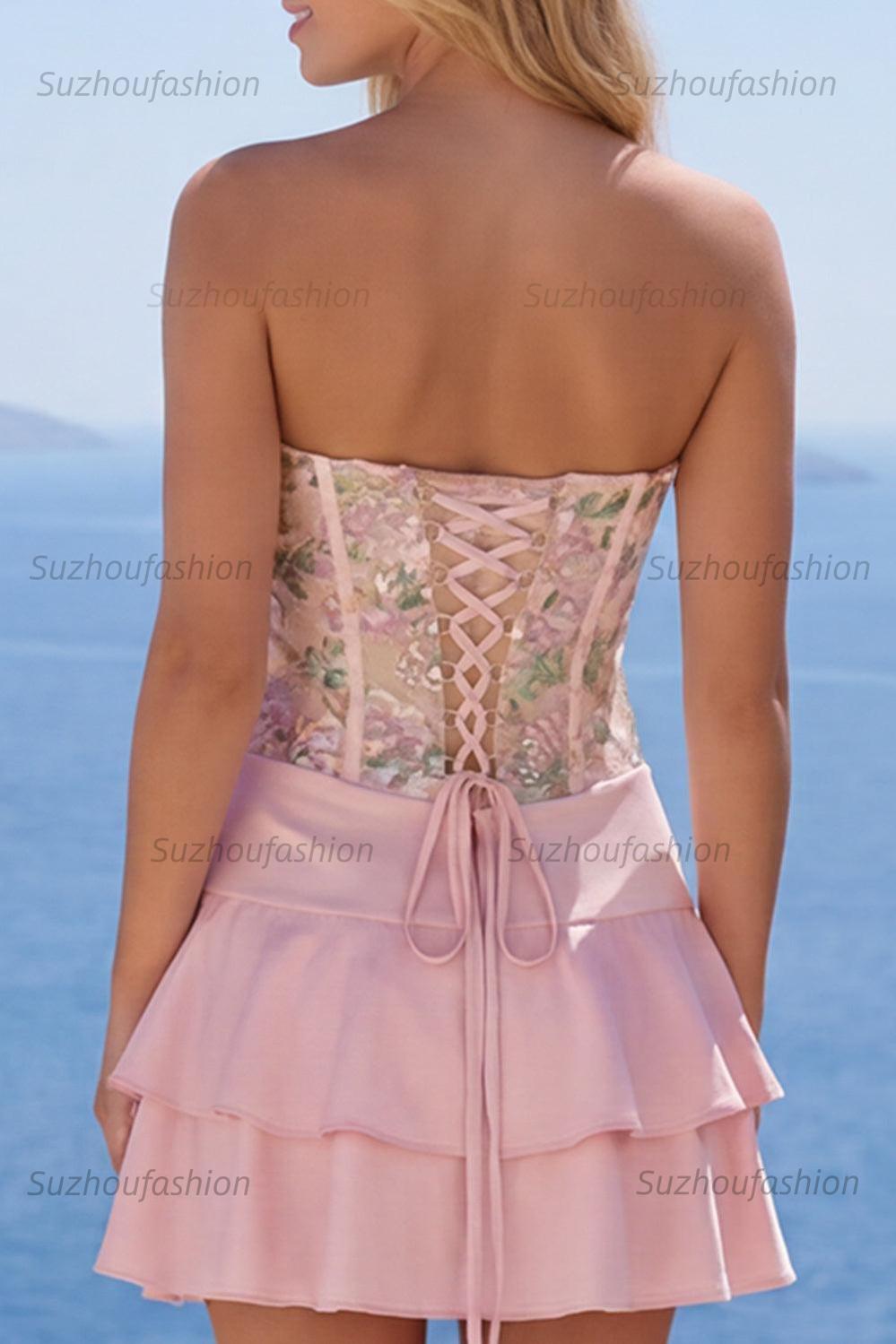 Suzhoufashion Pink Floral A-Line Short Homecoming Dress with Ruffles