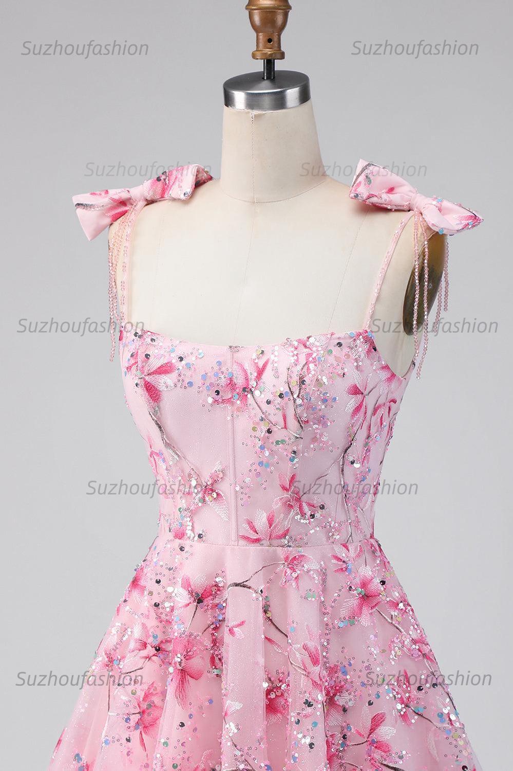 Suzhoufashion Pink Floral Beaded A-Line Short Homecoming Dress with Bows