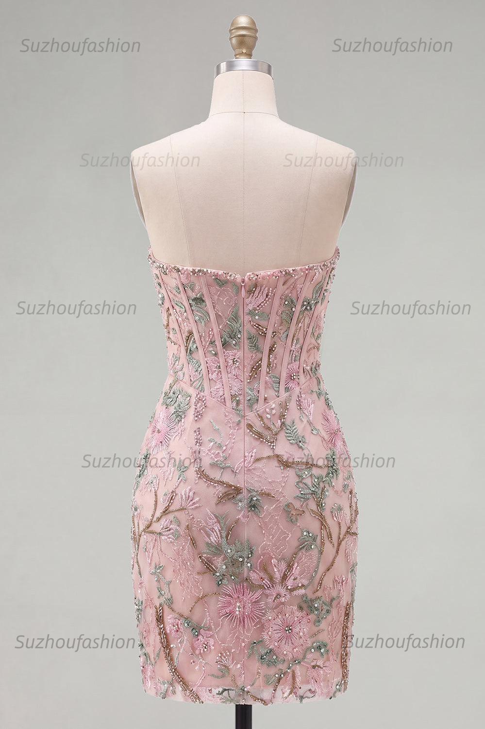 Suzhoufashion Pink Floral Beaded Corset Tight Short Homecoming Dress
