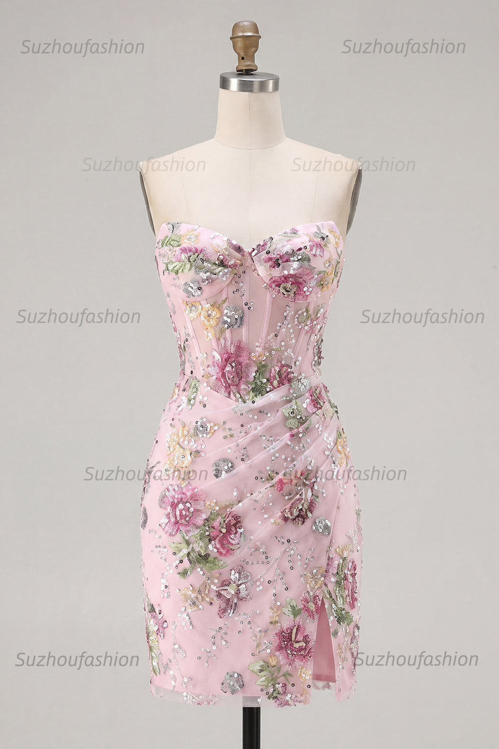 Suzhoufashion Pink Floral Beaded Ruched Corset Tight Short Homecoming Dress with Slit