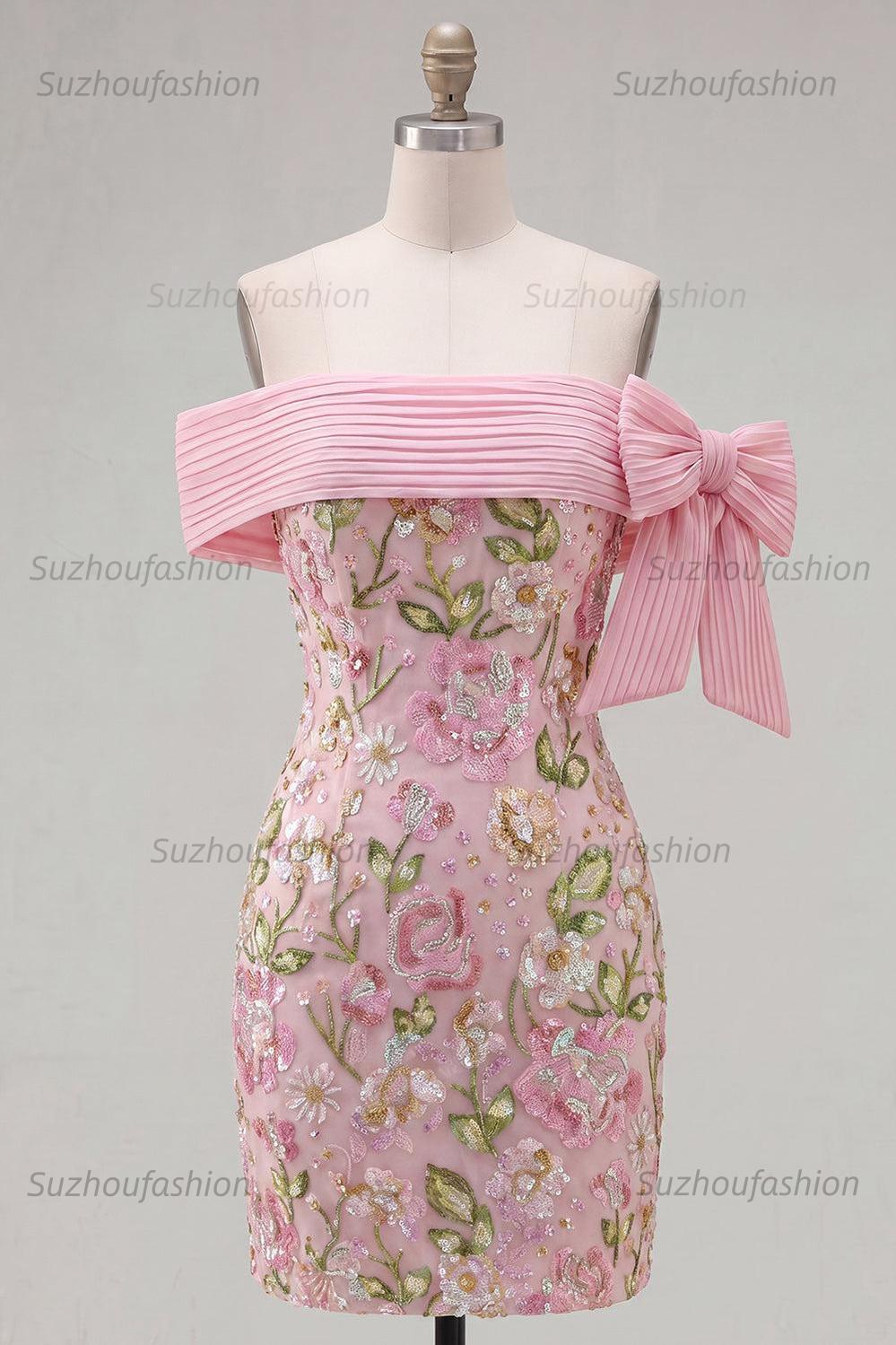 Suzhoufashion Pink Floral Beaded Tight Short Homecoming Dress with Bow