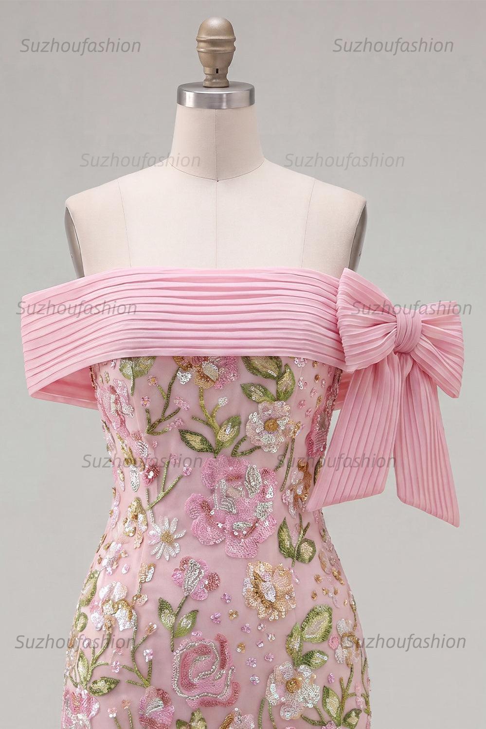 Suzhoufashion Pink Floral Beaded Tight Short Homecoming Dress with Bow