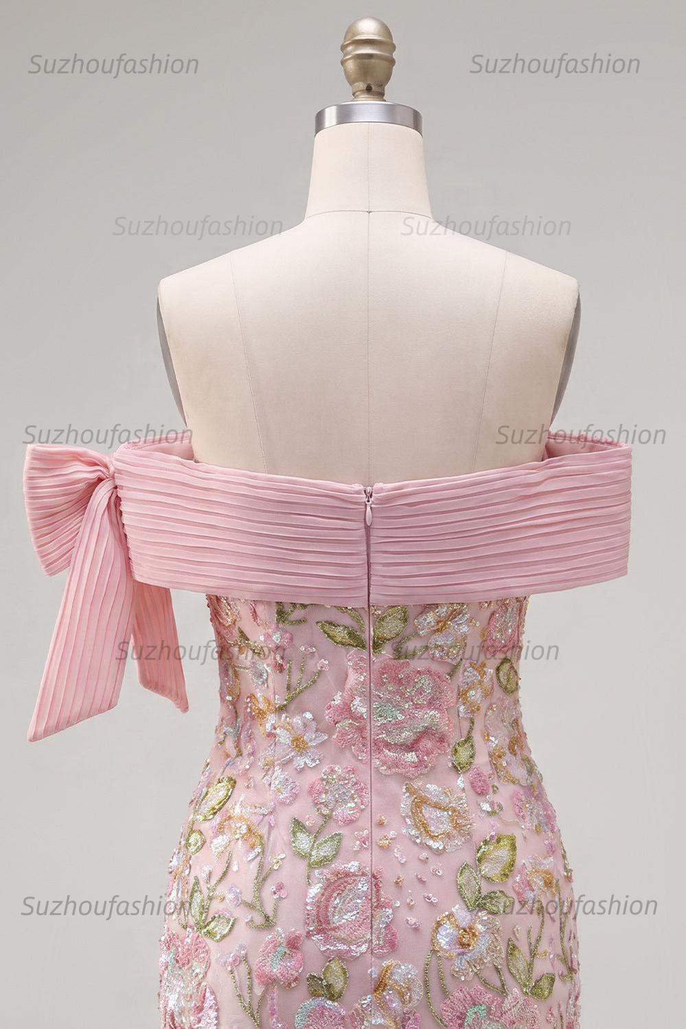 Suzhoufashion Pink Floral Beaded Tight Short Homecoming Dress with Bow