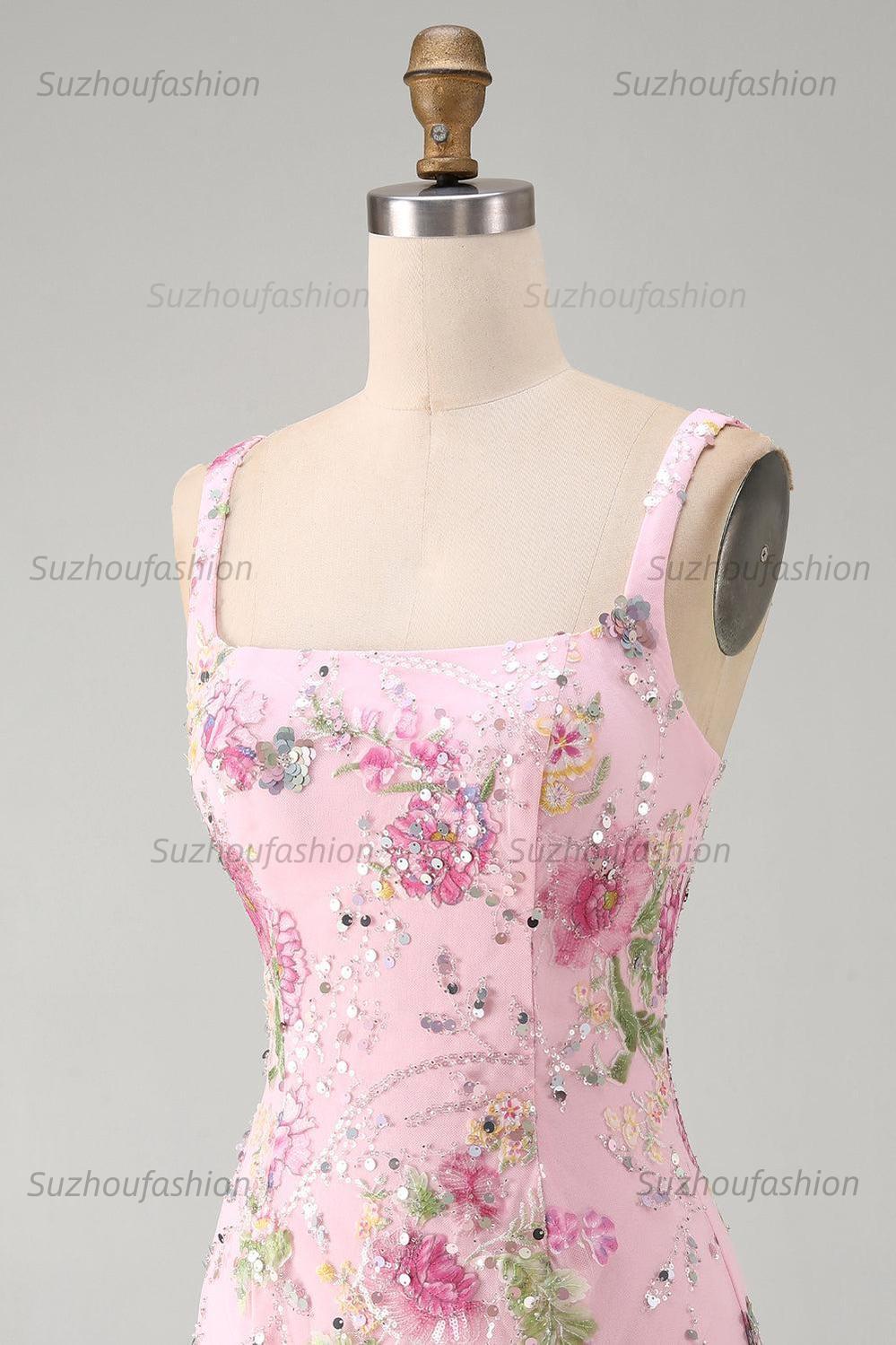 Suzhoufashion Pink Floral Beaded Tight Short Homecoming Dress with Ruffles
