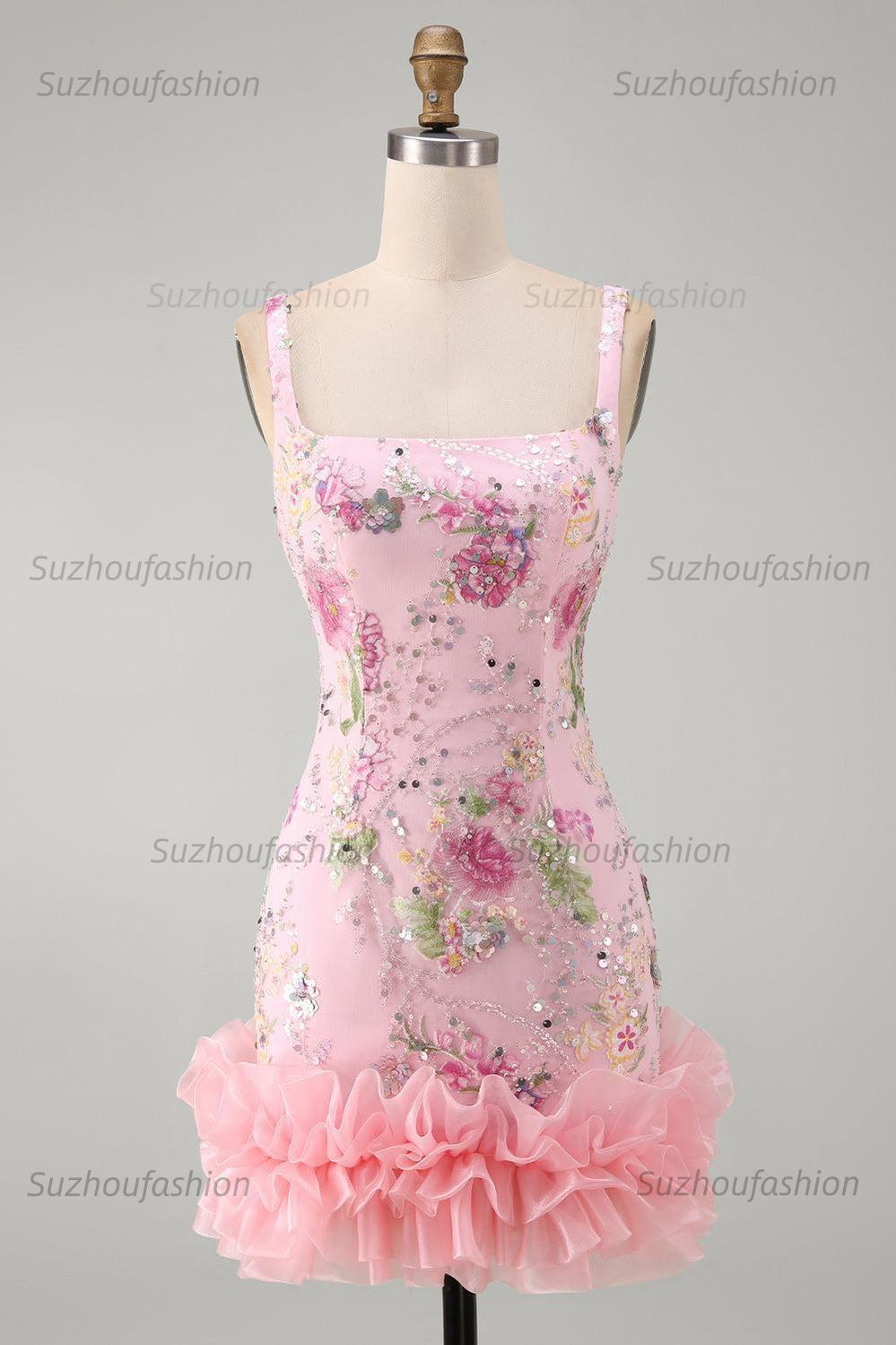 Suzhoufashion Pink Floral Beaded Tight Short Homecoming Dress with Ruffles