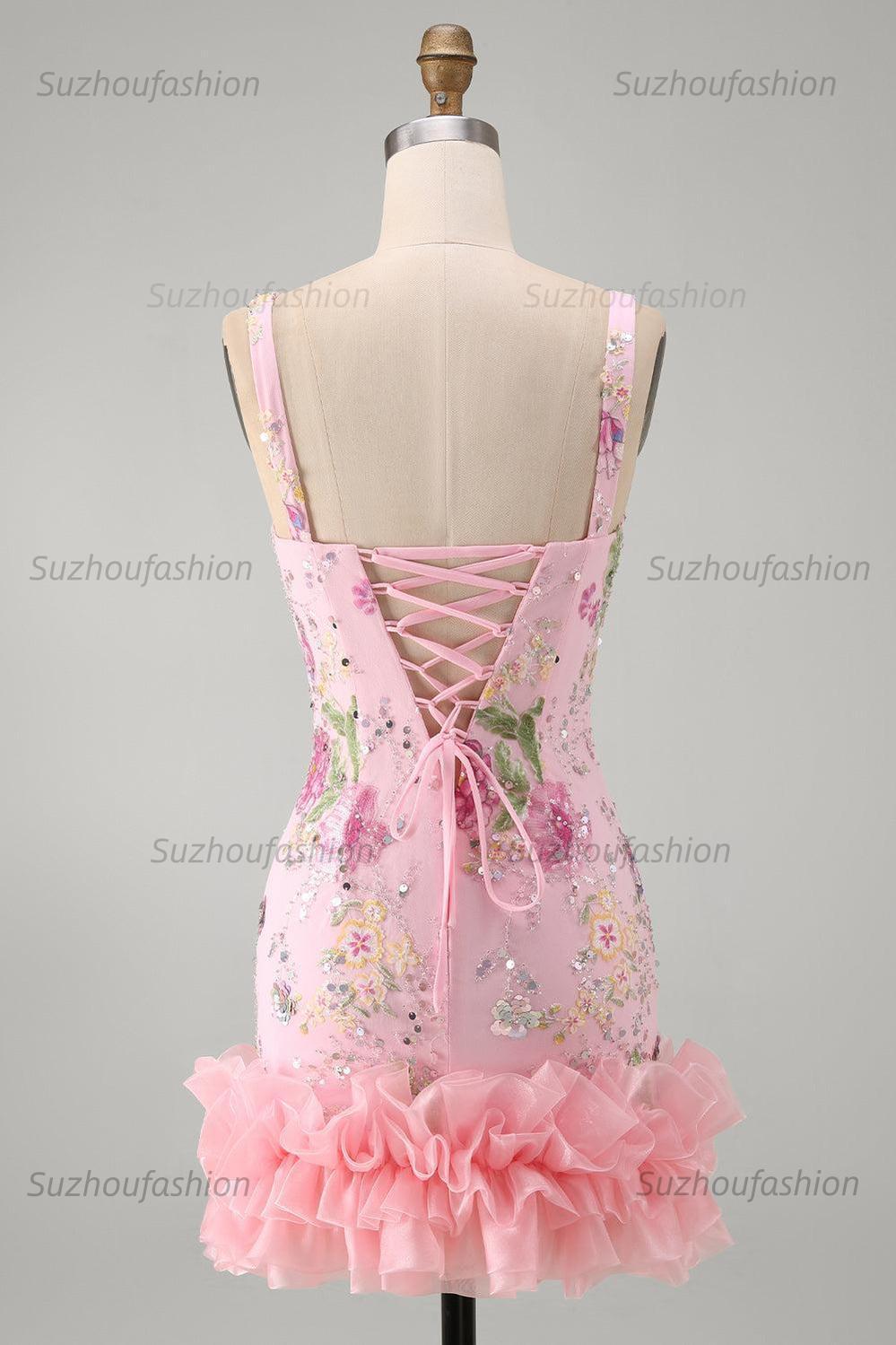 Suzhoufashion Pink Floral Beaded Tight Short Homecoming Dress with Ruffles