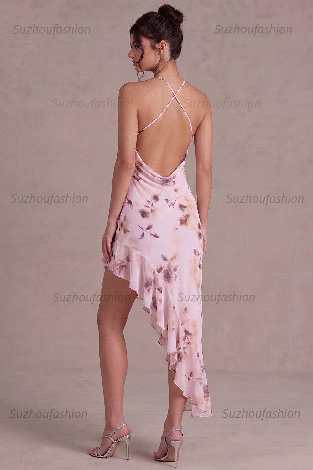 Suzhoufashion Pink Floral Cowl Neck Asymmetrical Ruffled Homecoming Dress
