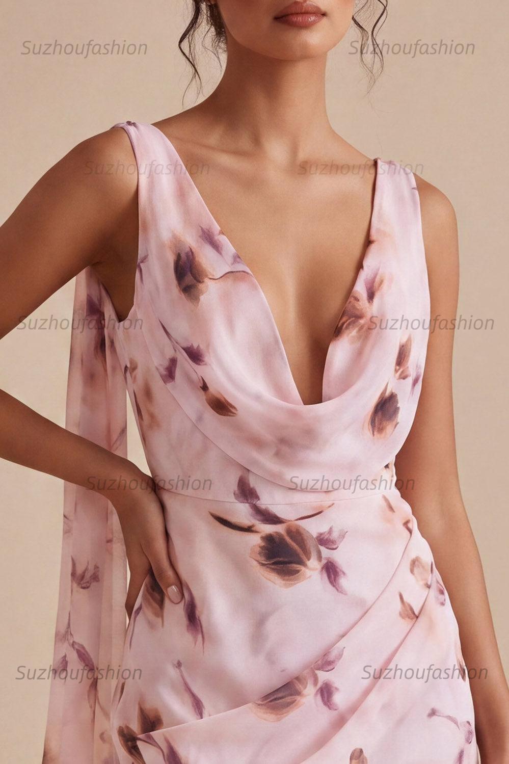 Suzhoufashion Pink Floral Cowl Neck Ruched Tight Short Homecoming Dress with Sash