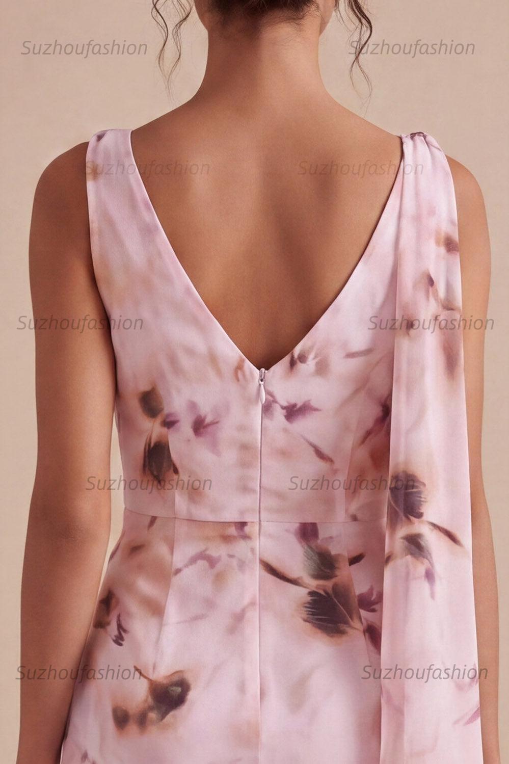 Suzhoufashion Pink Floral Cowl Neck Ruched Tight Short Homecoming Dress with Sash