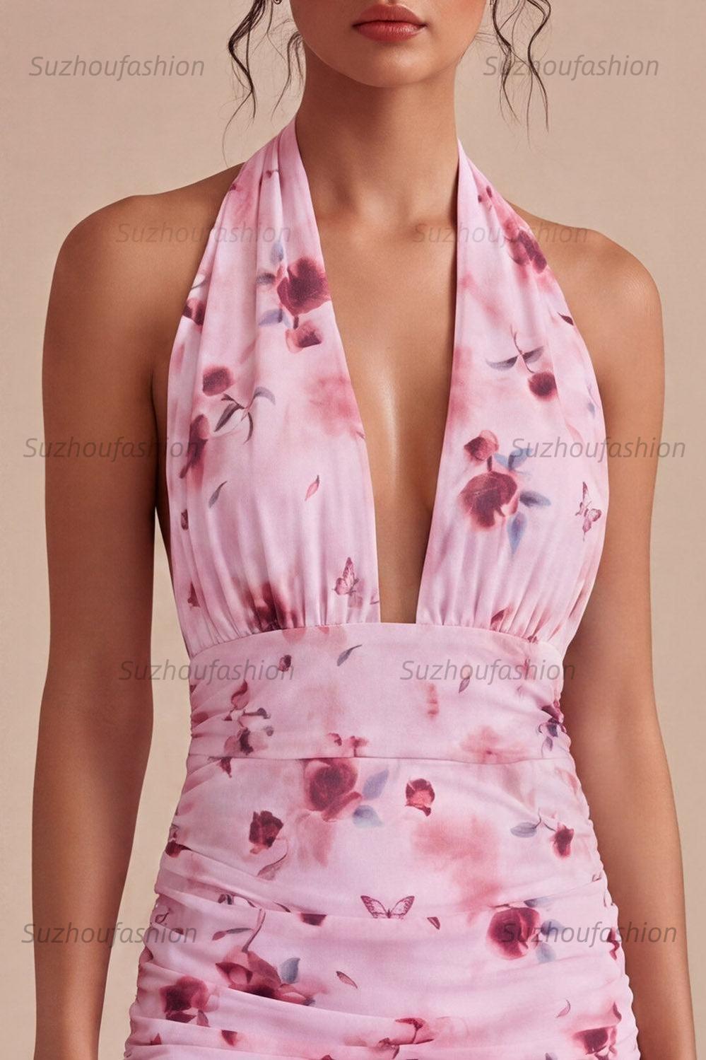 Suzhoufashion Pink Floral Halter Ruched Tight Short Homecoming Dress with Bow