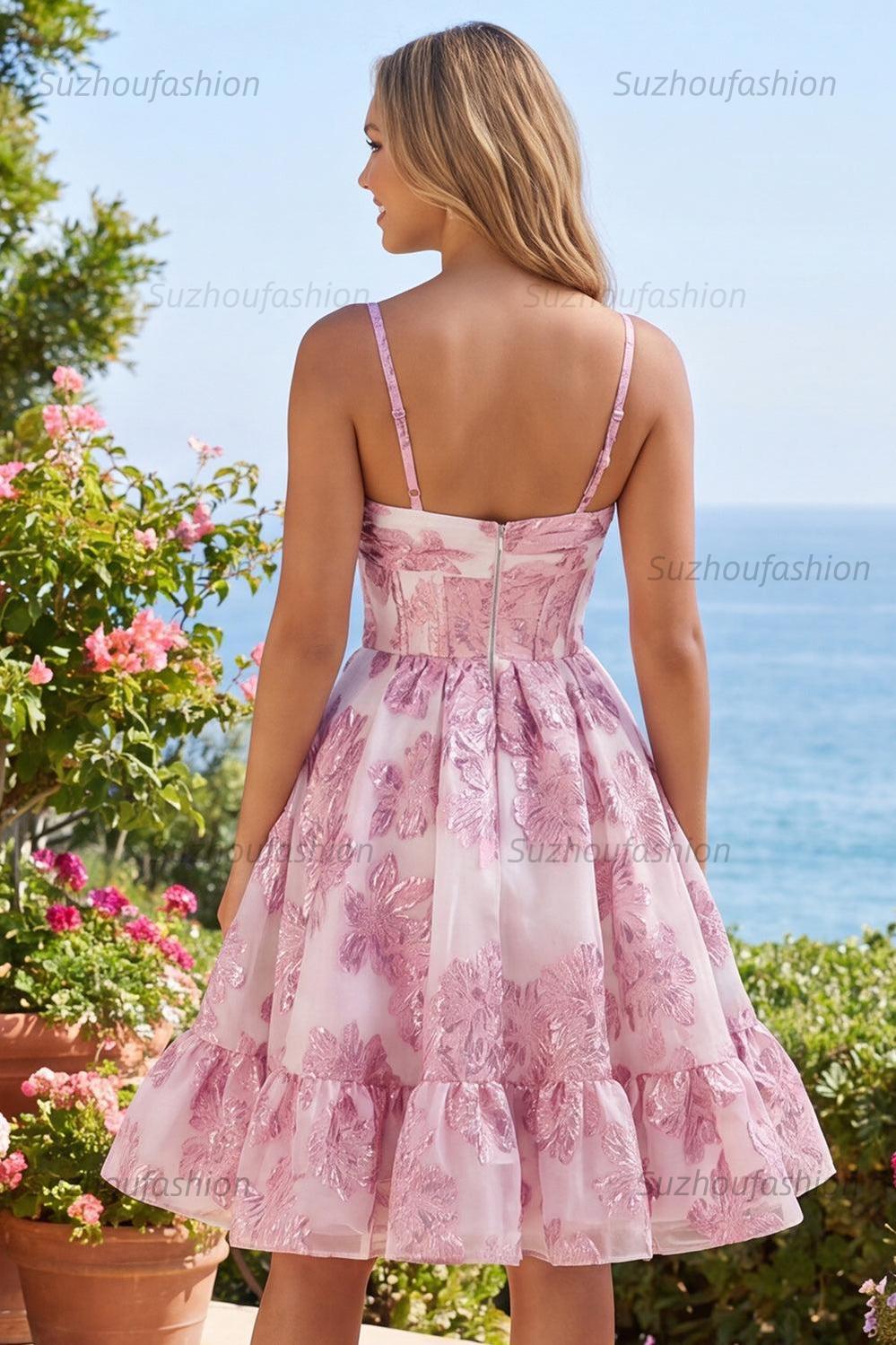 Suzhoufashion Pink Floral Keyhole Corset Short Homecoming Dress with 3D Flower
