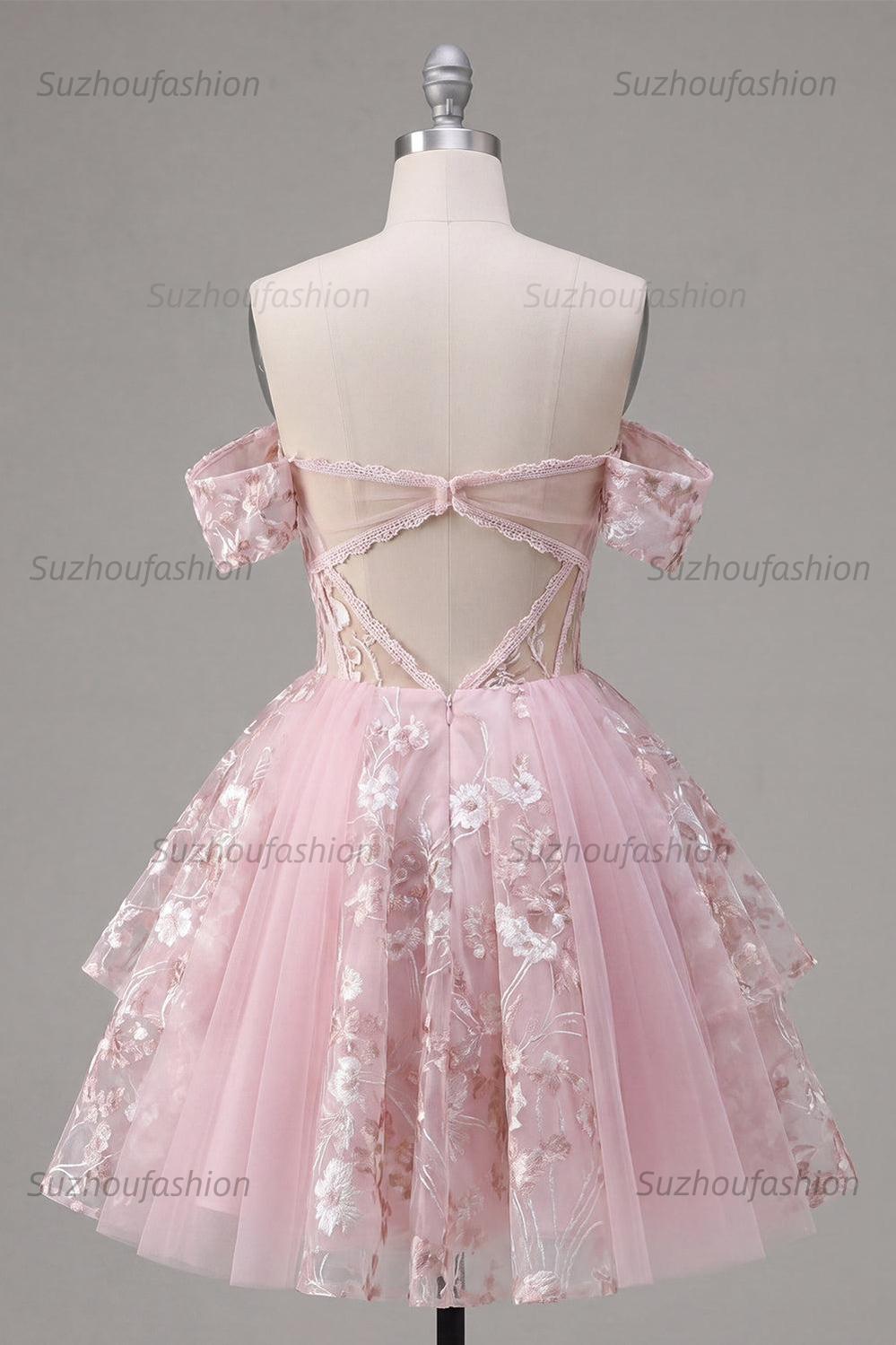 Suzhoufashion Pink Floral Off-the-Shoulder A-Line Corset Short Homecoming Dress