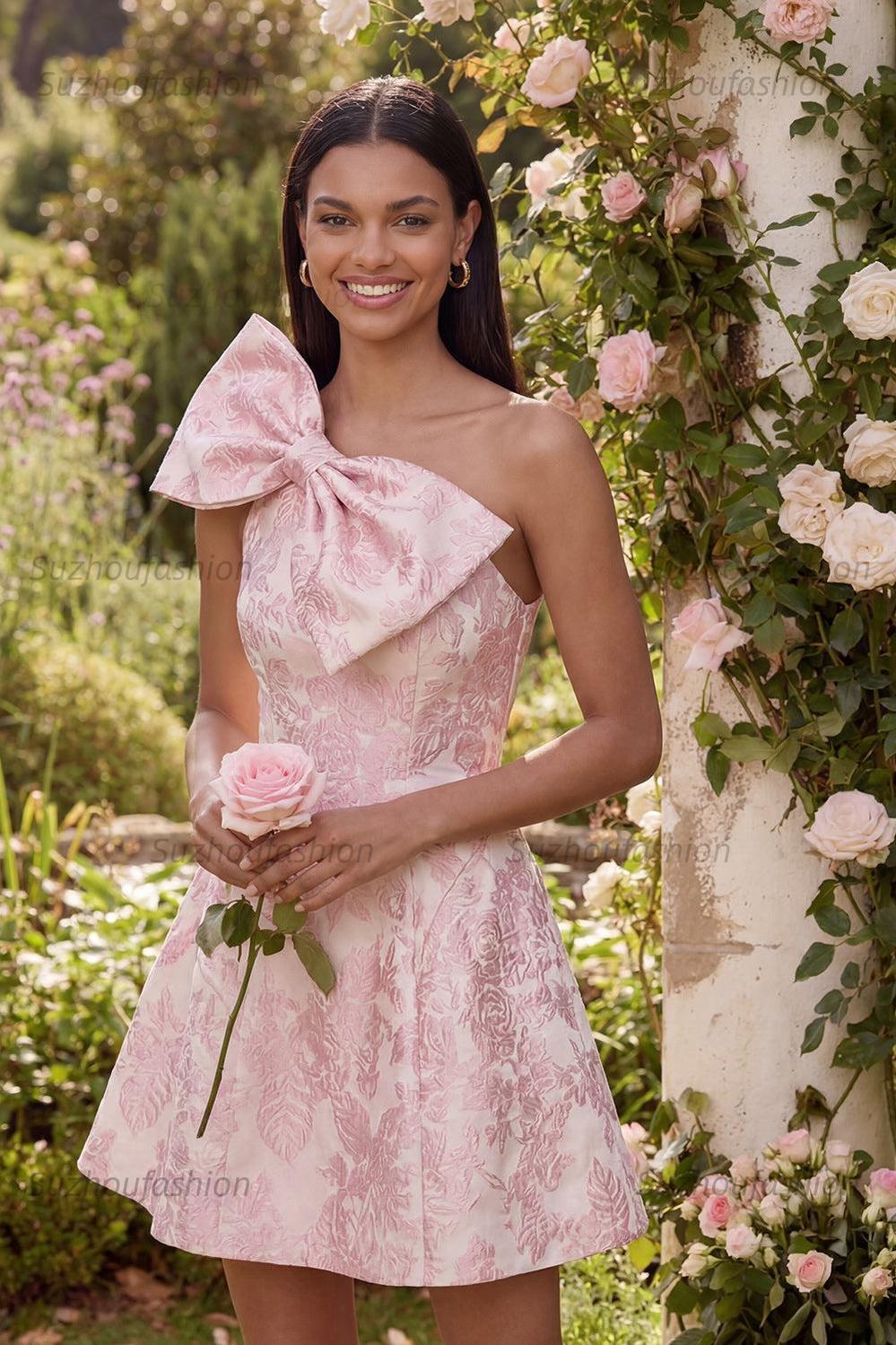Suzhoufashion Pink Floral One Shoulder A-Line Short Cocktail Dress with Bow