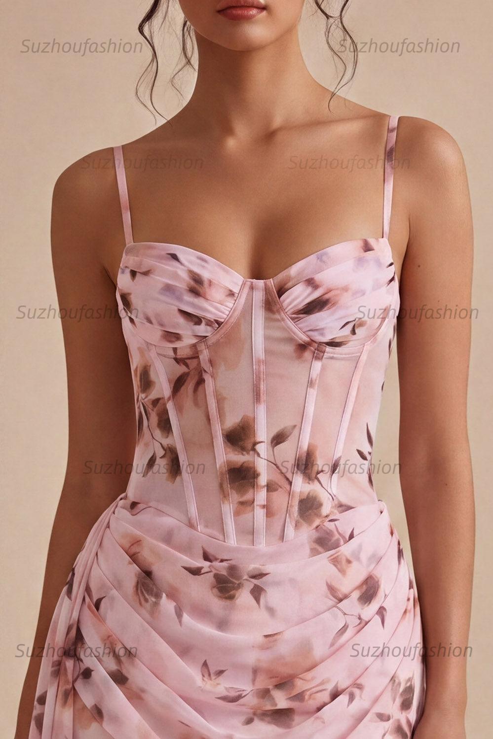 Suzhoufashion Pink Floral Ruched Corset Tight Short Homecoming Dress with Sash