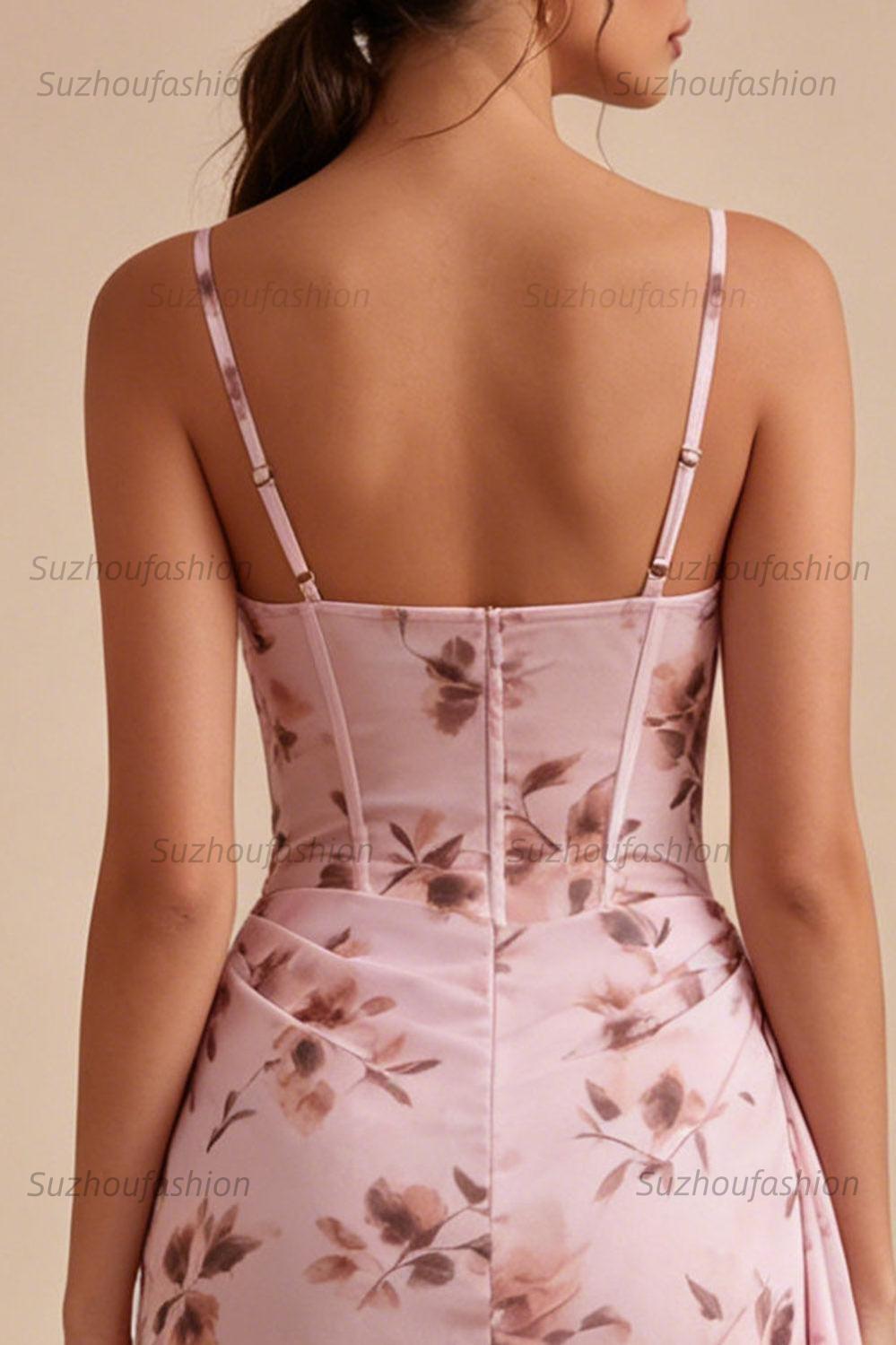 Suzhoufashion Pink Floral Ruched Corset Tight Short Homecoming Dress with Sash