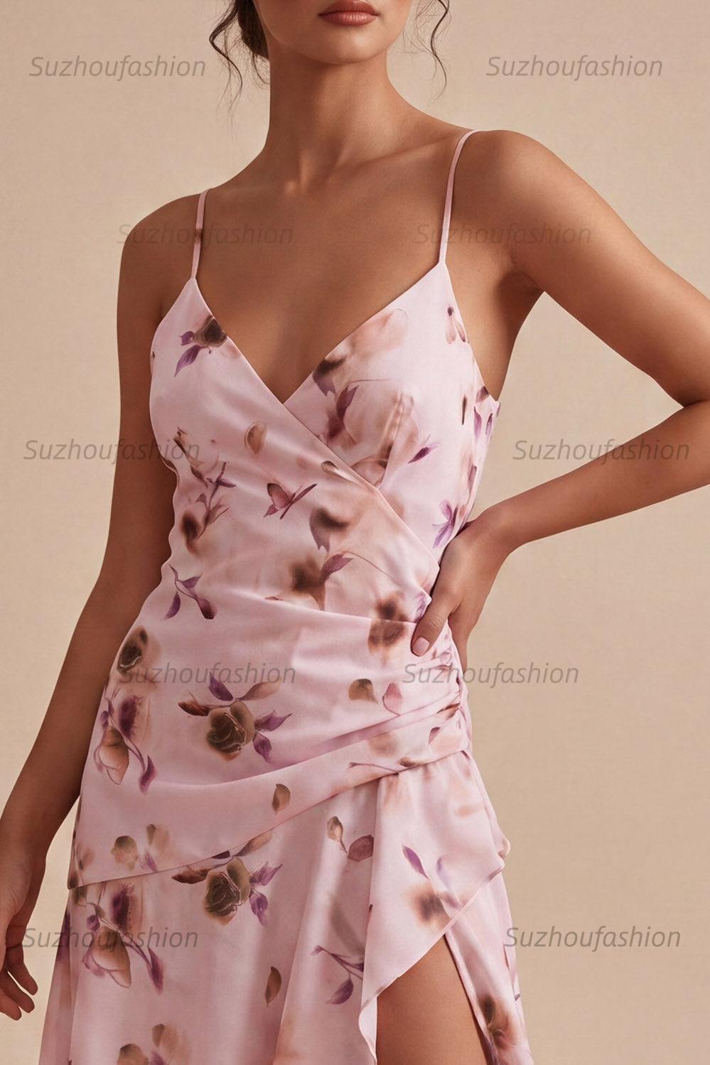 Suzhoufashion Pink Floral Spaghetti Straps Ruffled A-Line Short Homecoming Dress