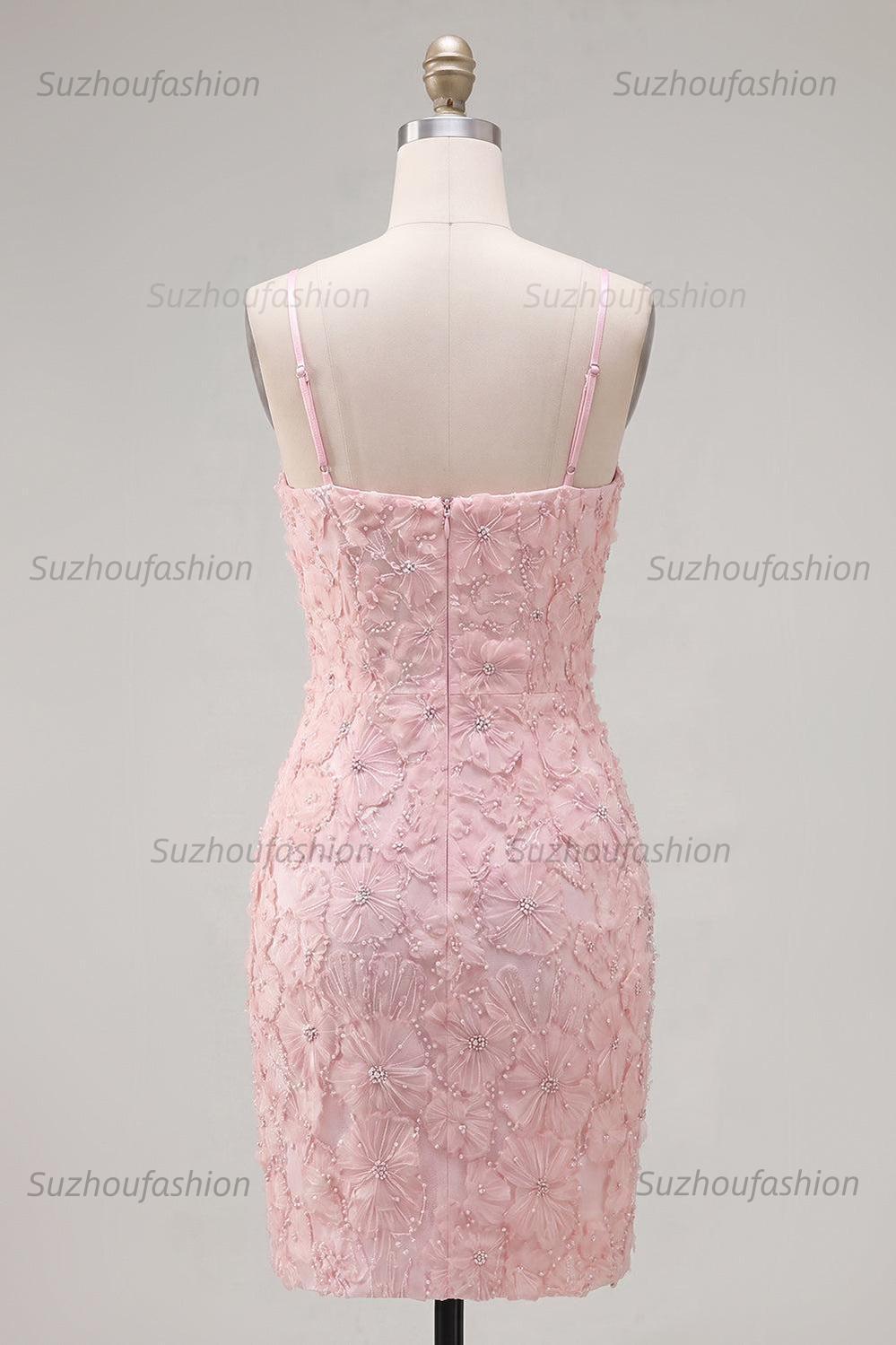 Suzhoufashion Pink Floral Spaghetti Straps Tight Short Homecoming Dress with Pearl Details