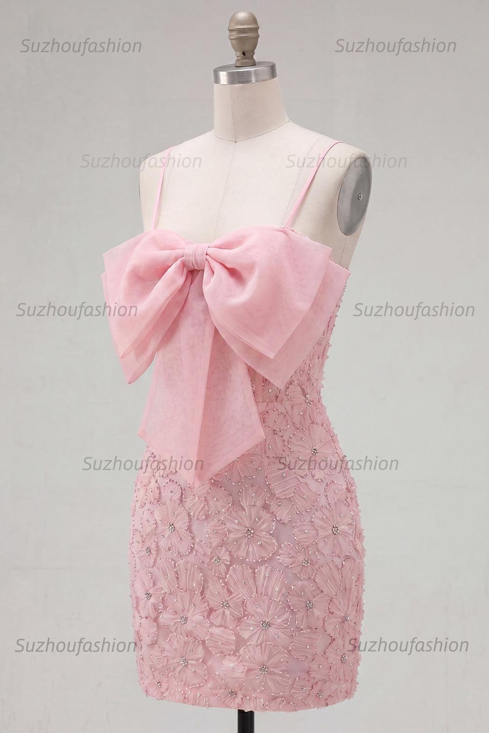 Suzhoufashion Pink Floral Spaghetti Straps Tight Short Homecoming Dress with Pearl Details