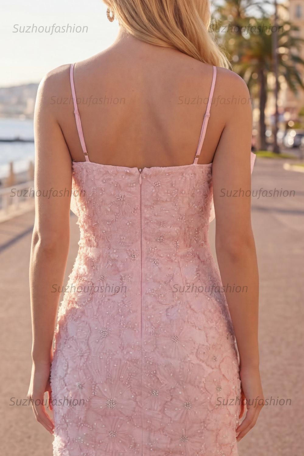 Suzhoufashion Pink Floral Spaghetti Straps Tight Short Homecoming Dress with Pearl Details