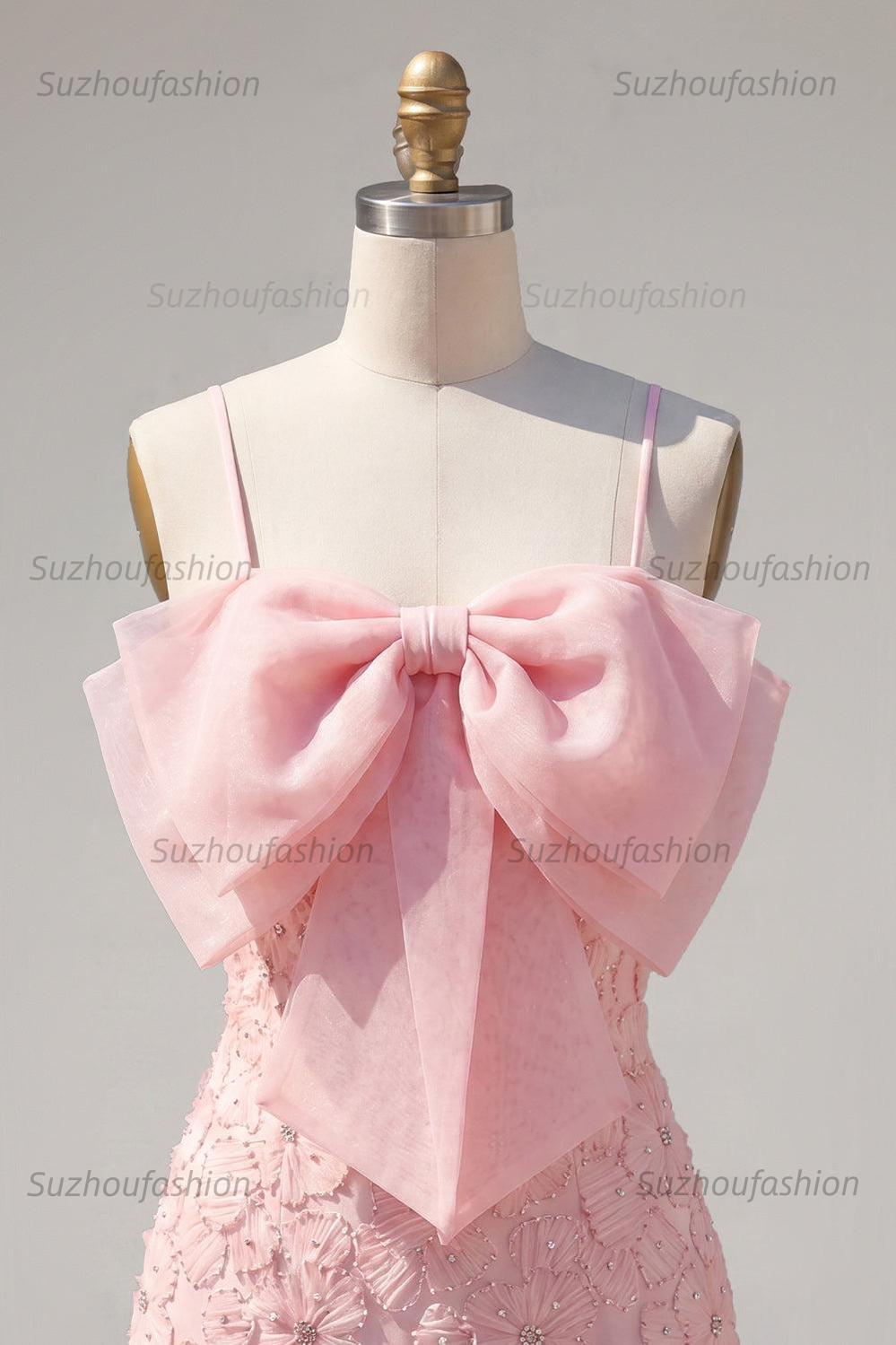 Suzhoufashion Pink Floral Spaghetti Straps Tight Short Homecoming Dress with Pearl Details