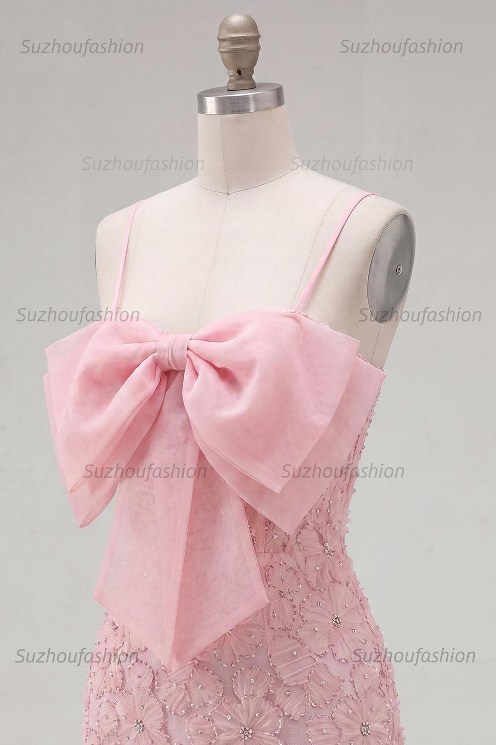 Suzhoufashion Pink Floral Spaghetti Straps Tight Short Homecoming Dress with Pearl Details
