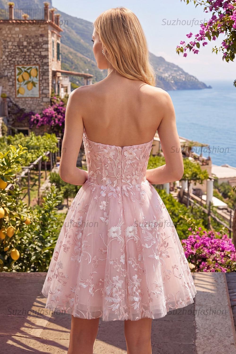 Suzhoufashion Pink Floral Strapless Corset A-Line Short Homecoming Dress