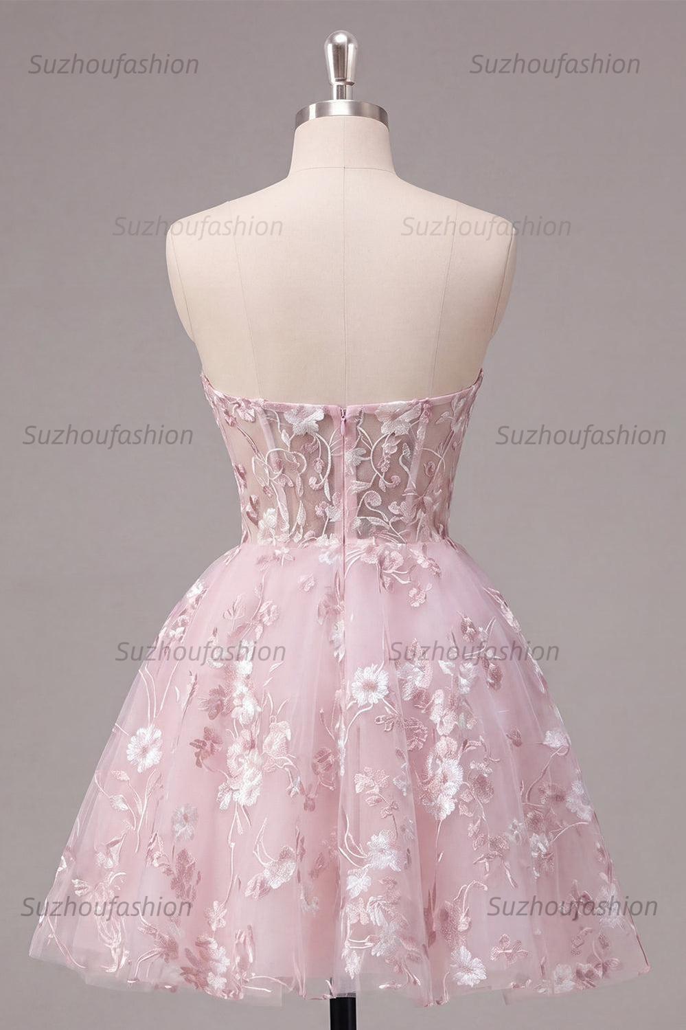 Suzhoufashion Pink Floral Strapless Corset A-Line Short Homecoming Dress